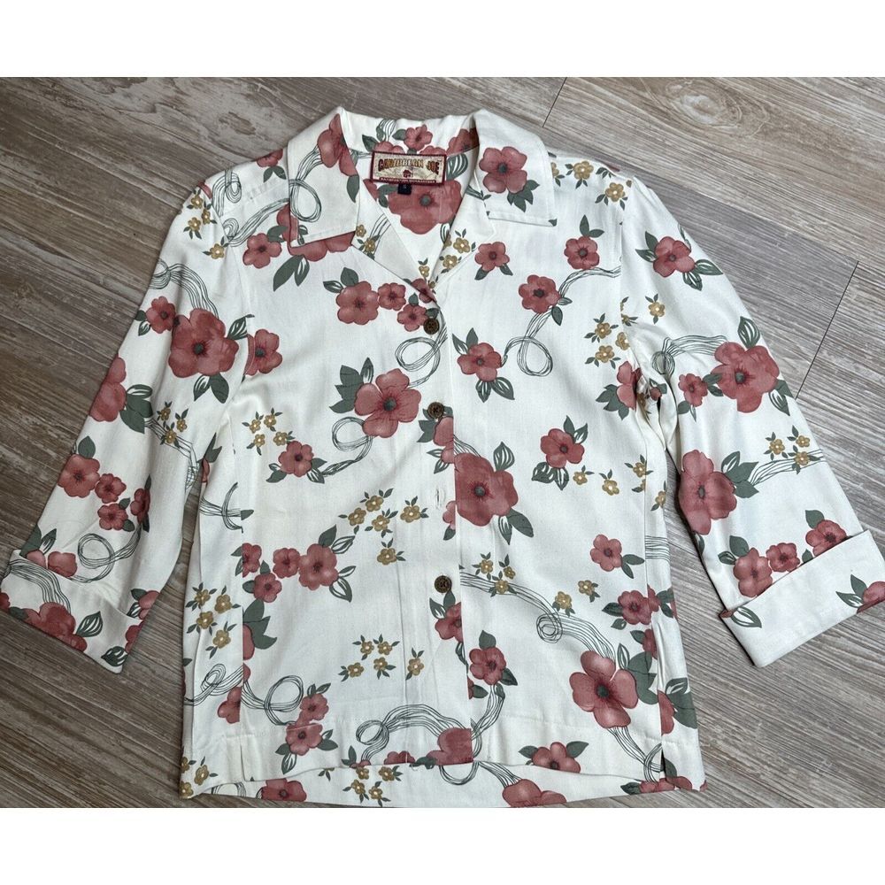 Caribbean Joe‎ Top Hawaiian VTG  Rayon Sz Sm Women's Button Down Missing Button